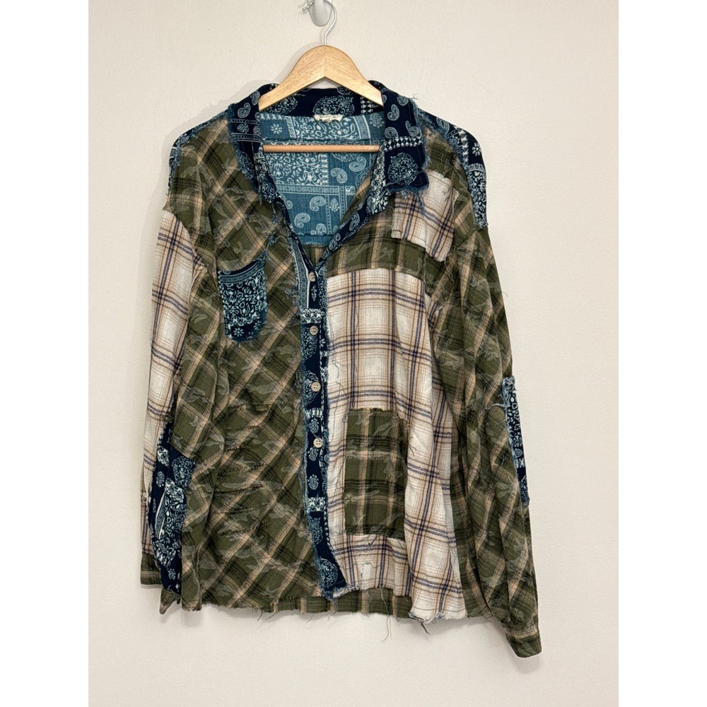 POL Distressed Patchwork Plaid Paisley Button Down Shirt Raw Edges Womens L Boho